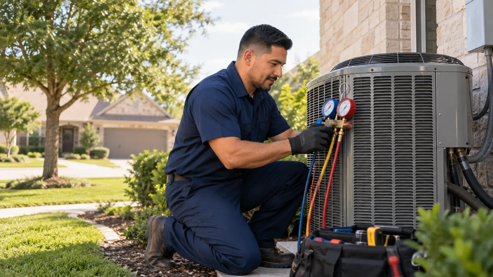 HVAC technician working on an outdoor air conditioning unit